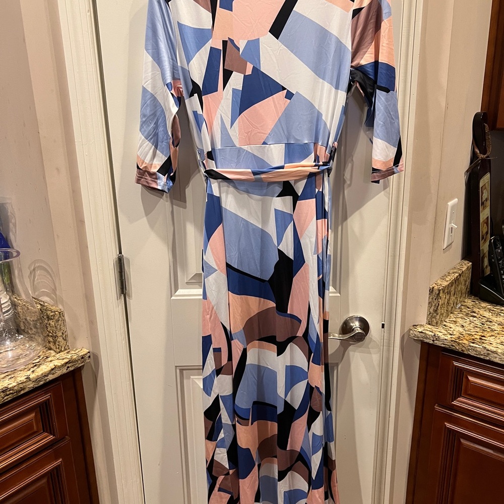 Pink Blue White Geometric Print Wrap Maxi Dress Sz Large - Picture 5 of 6
